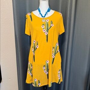 Yellow Cactus Print Tshirt Dress Small